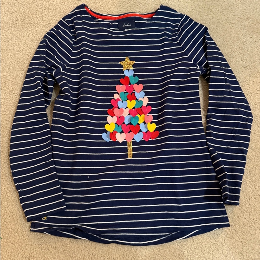 Joules Navy Striped Christmas Shirt with Colorful Heart Tree